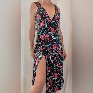 BCBGMaxAzria Black Floral Midi Dress with Pink & Teal Accents